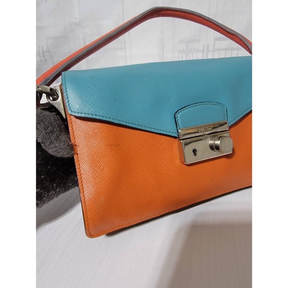 Authentic Prada Saffiano Sound Lock Pochette Shoulder Bag Orange/Blue - Picture 4 of 16